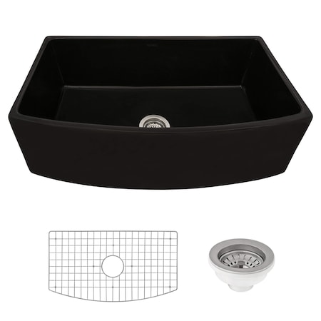 Ruvati 33 inch Fireclay Black Farmhouse Kitchen Sink Bow Front Curved Apron Single Bowl RVL2398BK